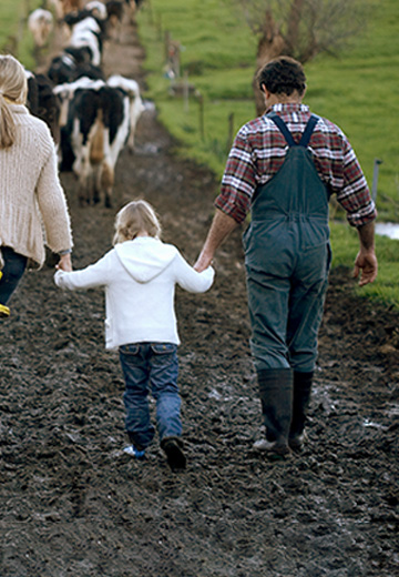 family walking down farm track