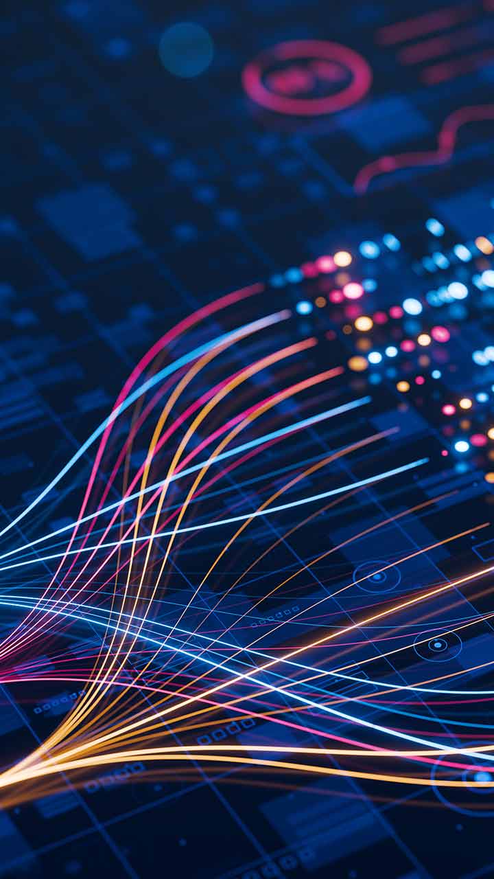 AI powers big data analysis and automation workflows, showcasing neural networks and data streams for business