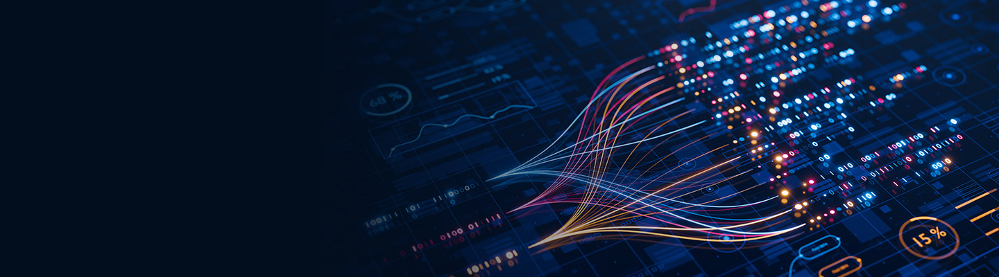 AI powers big data analysis and automation workflows, showcasing neural networks and data streams for business